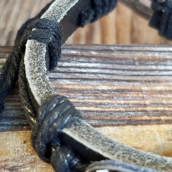 Handmade Leather Peace Affirmation Bracelet Black White Adjustable - Picture 2 of 5